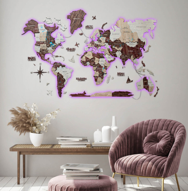 3D LED / LUMINOUS Holzweltkarte Cappuccino